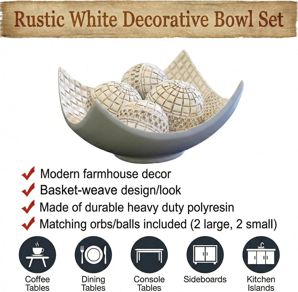 Seraphic Dining Table Centerpiece Decor, 5pc Decorative Scoop Bowl, White