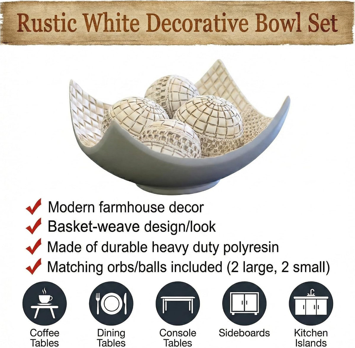 Seraphic Dining Table Centerpiece Decor, 5pc Decorative Scoop Bowl, White