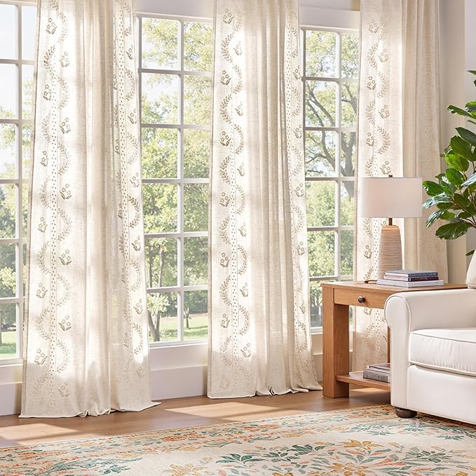jinchan Belrose Linen Curtains for Bedroom Floral Curtains 63 Inch Length Linen - Image 3