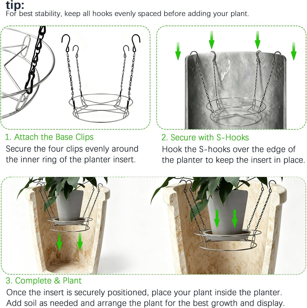 2 Pack Adjustable Planter Insert for Large Pots, 10–18 Inch Stainless Steel Pot Riser with Chains and S-Hooks, Soil Saver Plant Stand for Tall Planters, Indoor Outdoor Decor