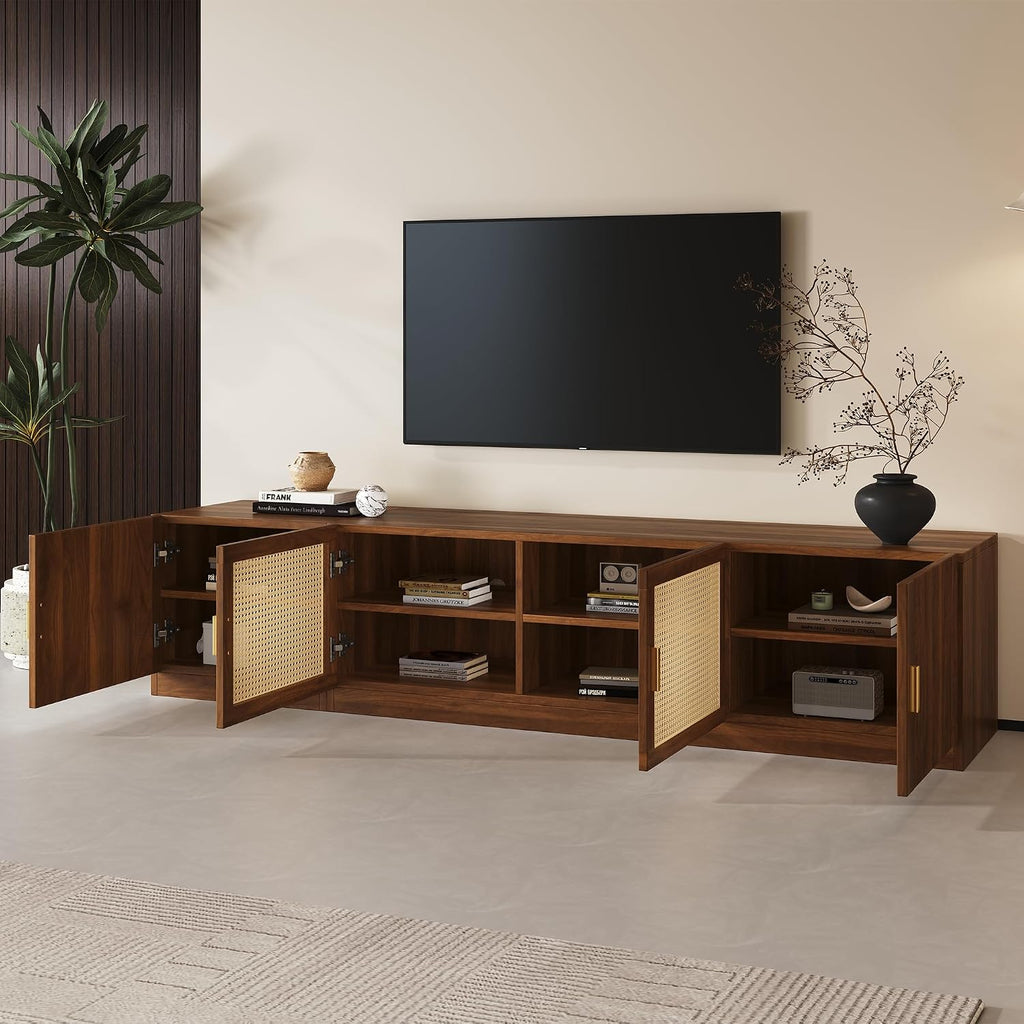 78 Inch Media Console with Fluted & Rattan Doors, Walnut TV Stand for 75–85 Inch TVs, Adjustable Shelves, Sturdy MDF Construction with Cable Management, Retro Entertainment Center for Living Room