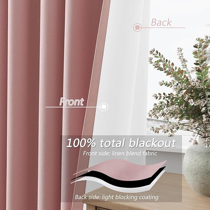 Guken 100% Blackout Linen Curtains 96 Inch 2 Panels Set - Image 4