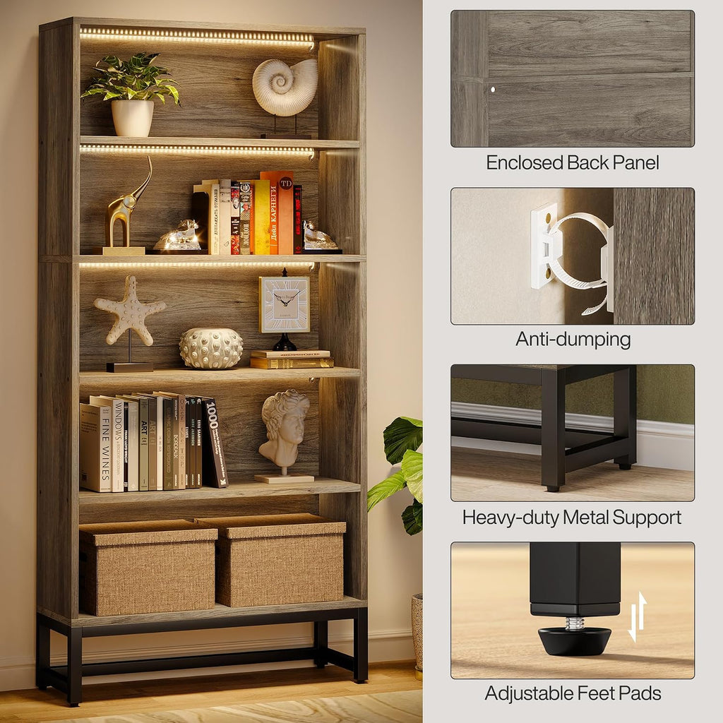 Tribesigns Tall Bookcase Bookshelf, 70.8" Large Bookcases Organizer with LED Lights, Heavy Duty Free-Standing Library Bookshelf with 5-Tier Storage Shelves for Living Room, Bedroom (Gray)
