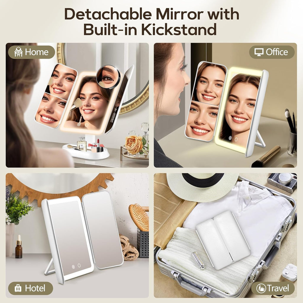 GOMIPURU Vanity Mirror with Lights, Lighted Makeup Mirror with 30X/10X/5X Magnification, Rechargeable Trifold Mirror with 3 Color&Adjustable Brightness, Travel Makeup Mirror with Lights for Desk,Gifts