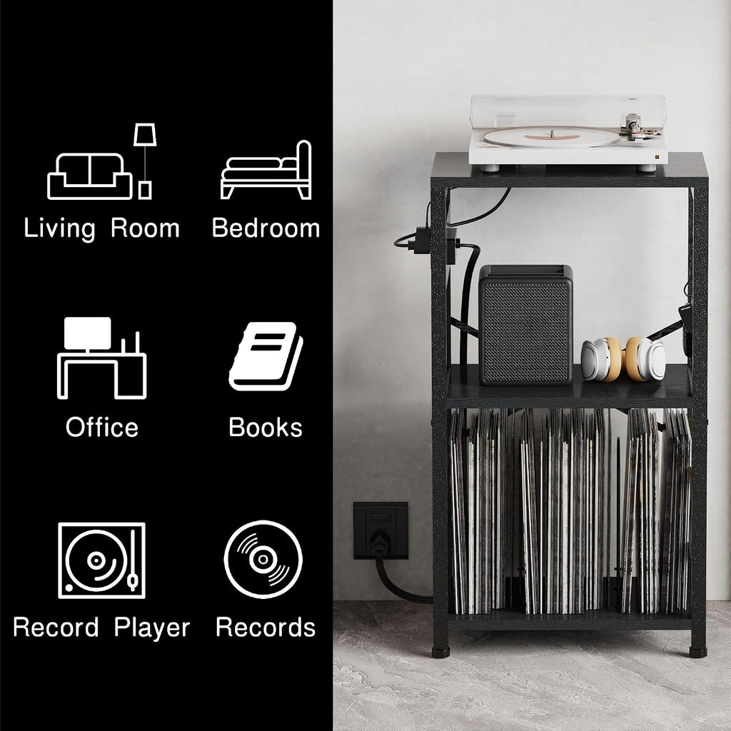 End Table with LED Light, Record Player Stand with Charging Station