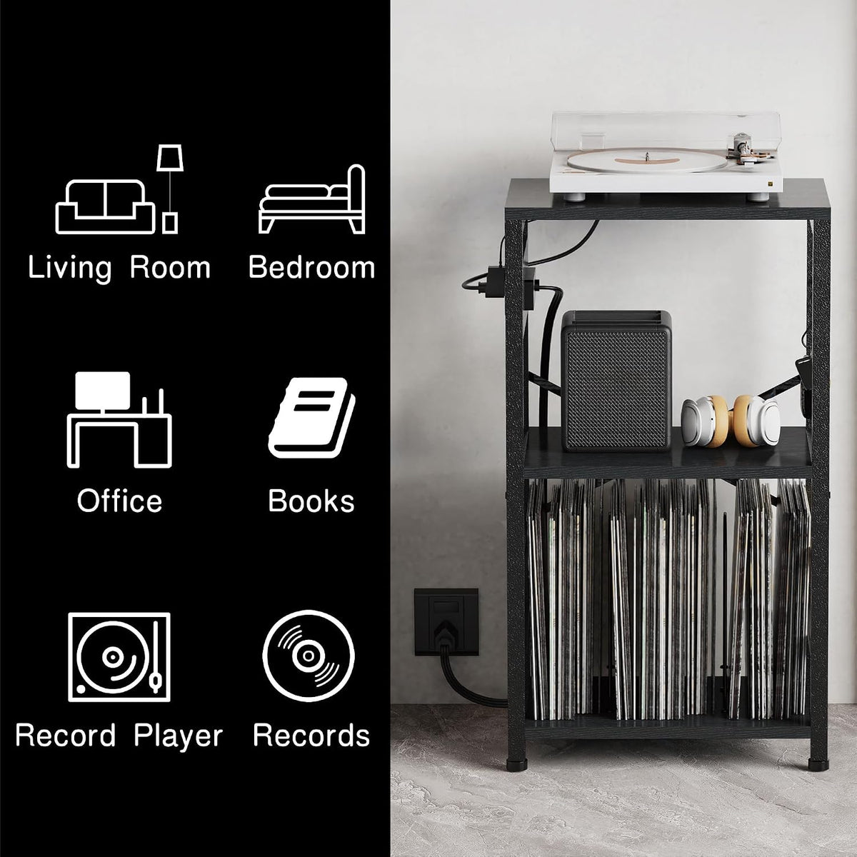 End Table with LED Light, Record Player Stand with Charging Station