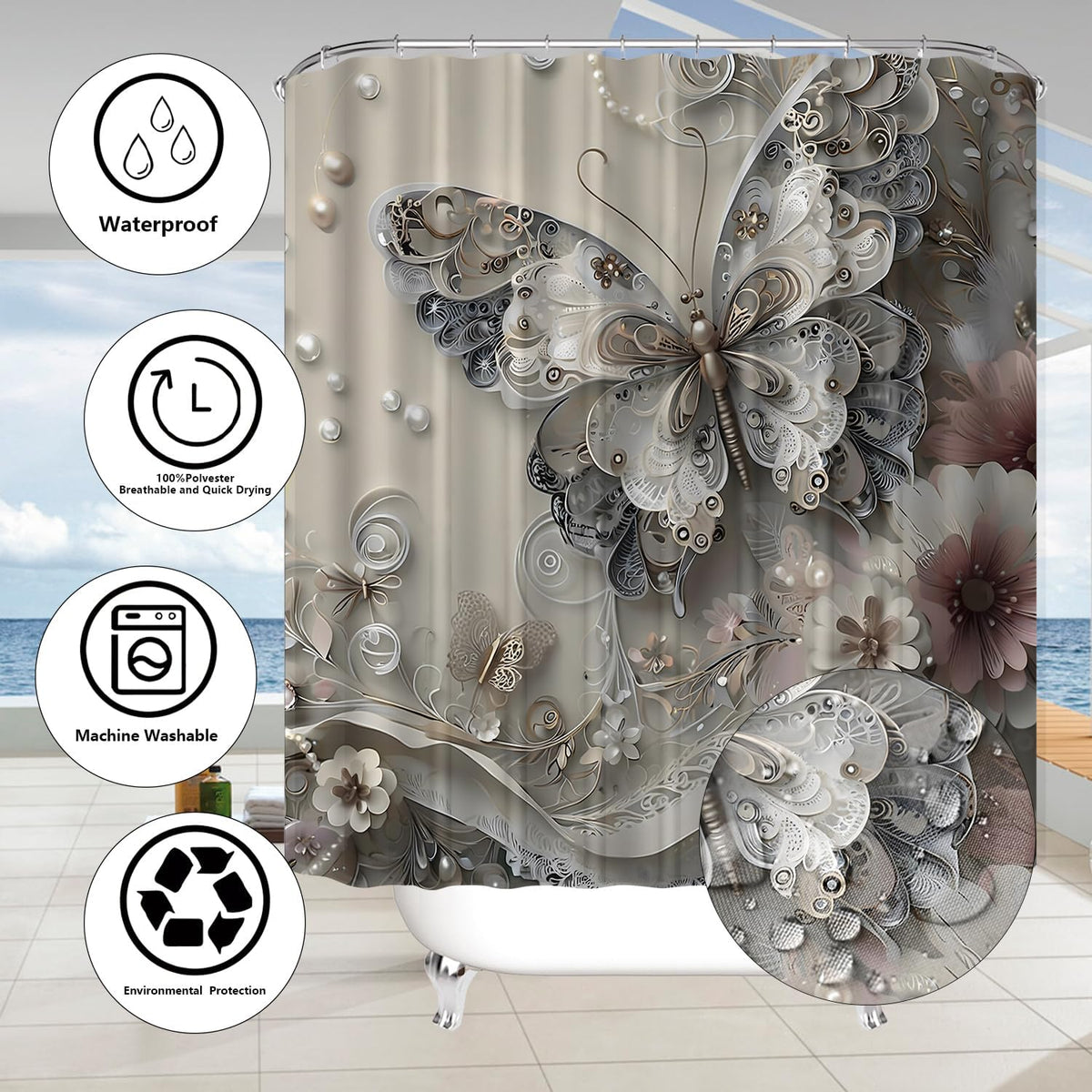 DDQQ 4Pcs Shower Curtain Sets, Gray Butterfly Bathroom Curtains Shower Set, Bathroom Decor Sets, Shower Curtain for Bathroom with Rugs, Toilet Lid Cover, Bath Mat and 12 Hooks, 71 x 71 Inches
