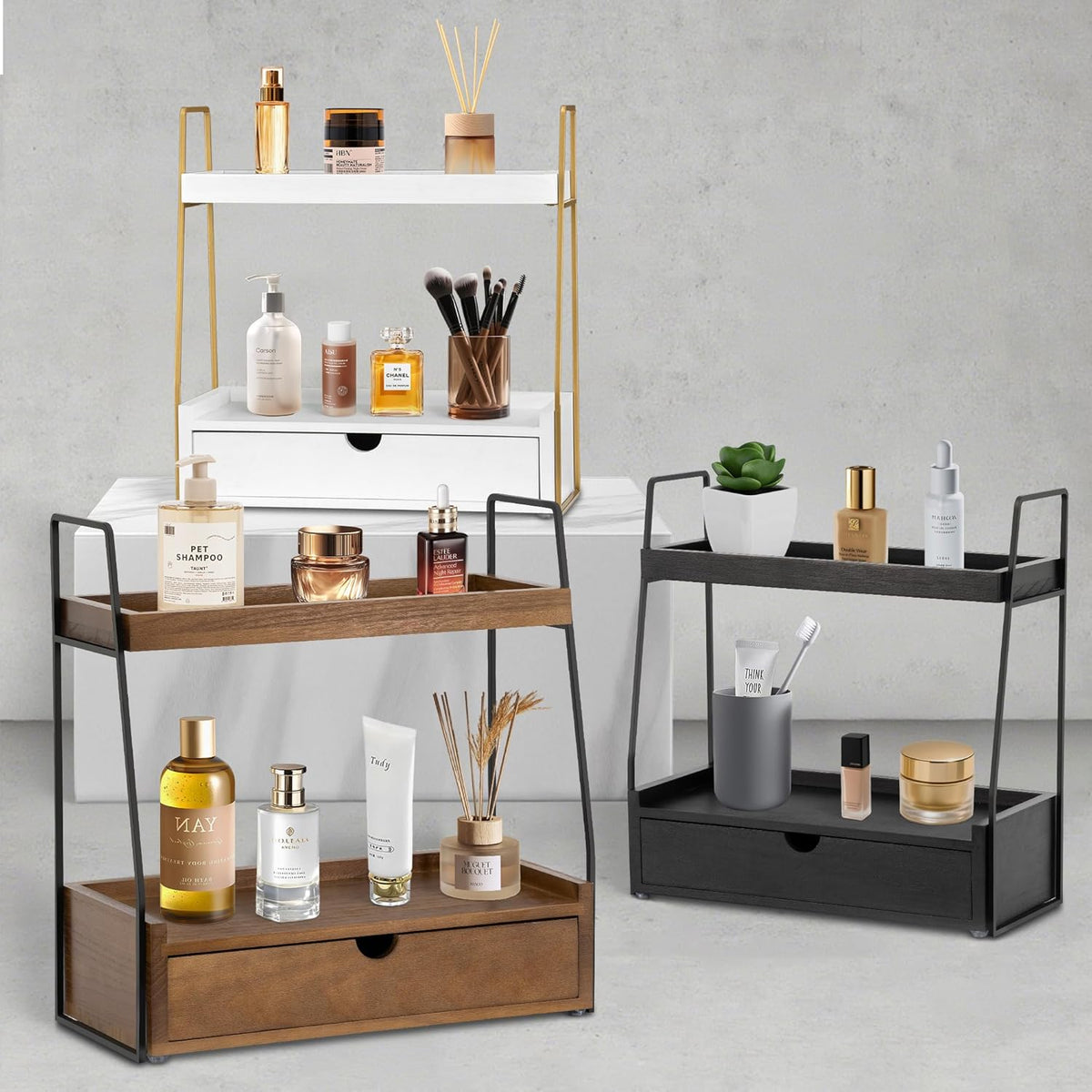 2-Tier Bathroom Countertop Organizer with Drawer, Wood Vanity Shelf Brown