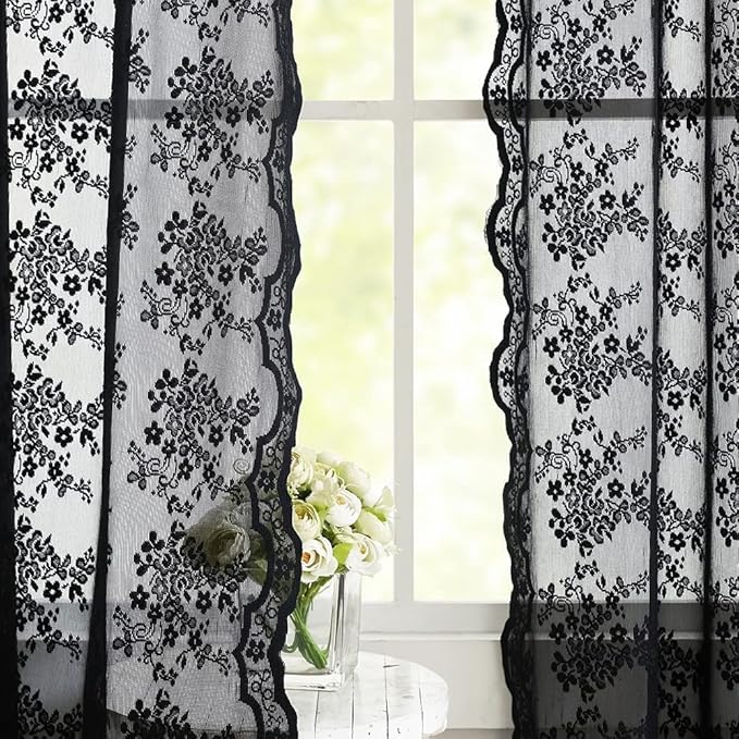 YJ YANJUN Vintage Lace Curtains 54 inch Length Victorian Floral Pattern Goth - Image 3