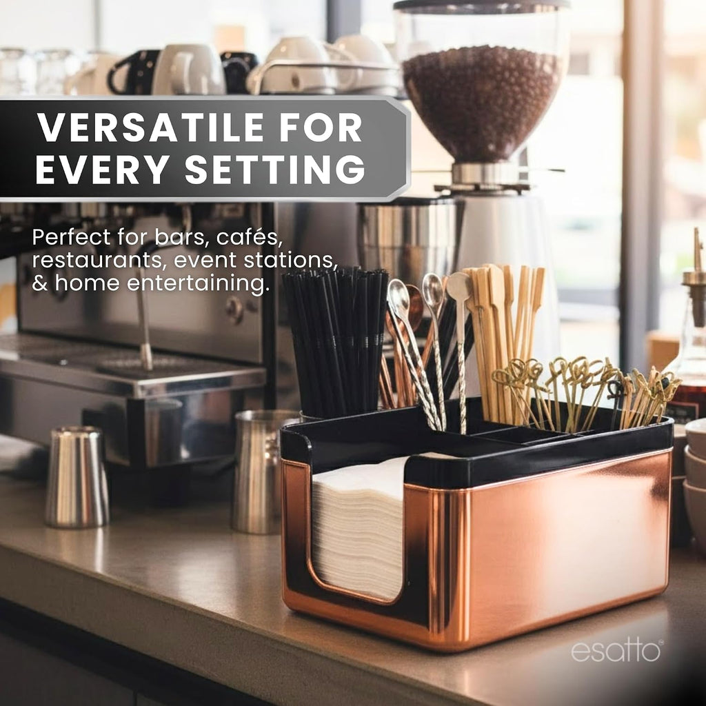 Esatto Square Bar Caddy Organizer with 12 Pourers & Caps, Copper