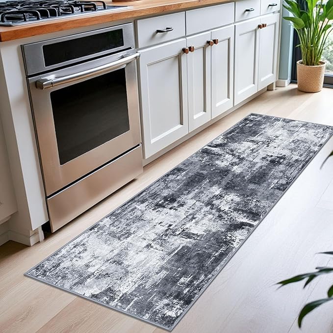 KOZYFLY Modern Abstract Runner Rug 2x6 Washable Grey/Black/Black Runners - Image 3