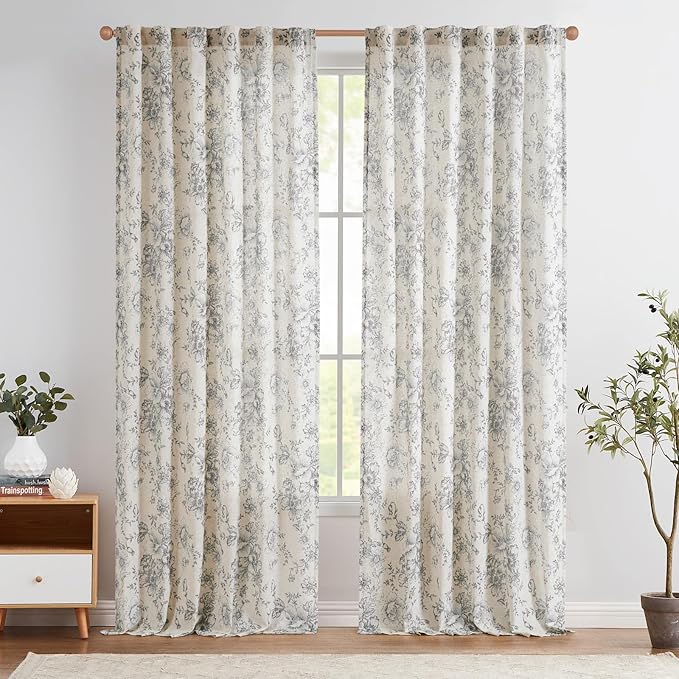 jinchan Linen Blend Curtain Floral Curtains - Image 2