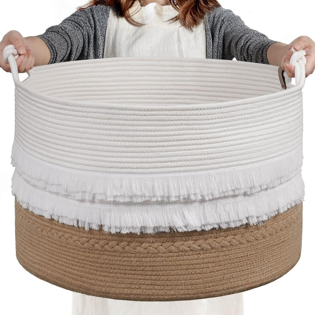 CherryNow 90L Large Woven Rope Blanket Basket with Tassel, 22" x 14", Black