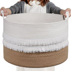 CherryNow 90L Large Woven Rope Blanket Basket with Tassel, 22" x 14", Black
