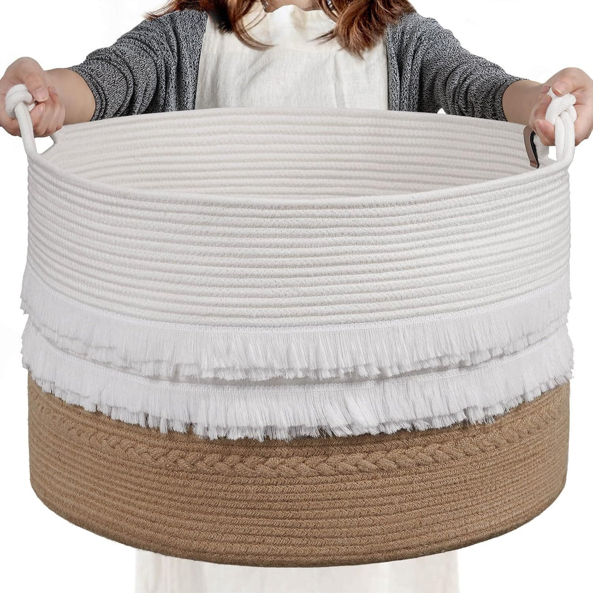 CherryNow 90L Large Woven Rope Blanket Basket with Tassel, 22" x 14", Black