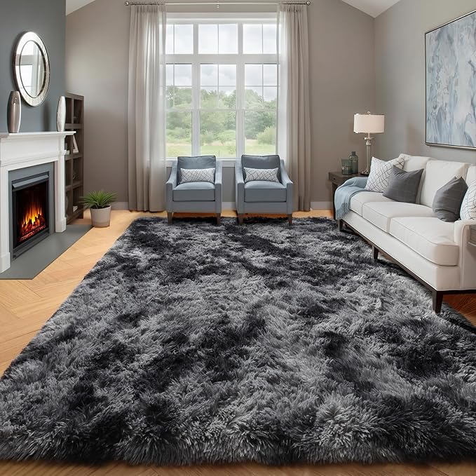ONASAR Area Rugs for Bedroom Living Room, Fluffy Tie-Dyed Dark Grey 4x6 Indoor by ONASAR
