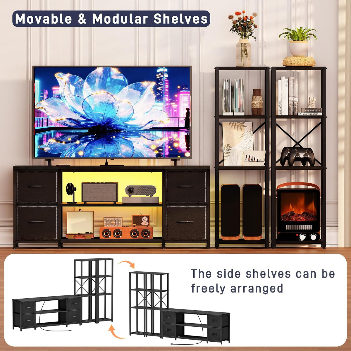 LED TV Stand Entertainment Center Bookshelf Combo with Charging Station