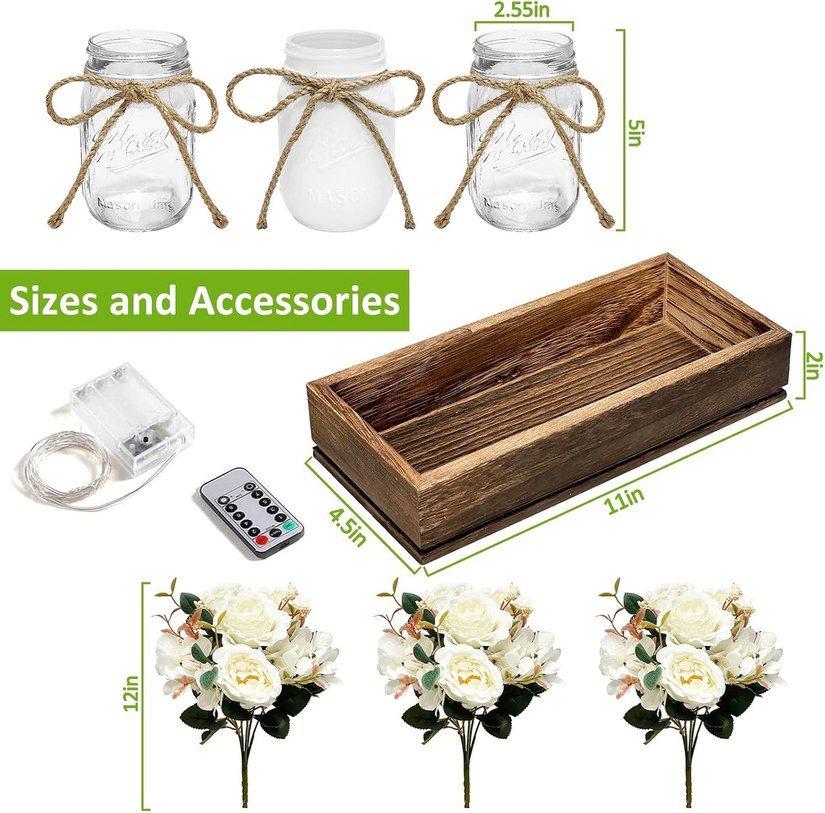 HOMECOR Mason Jar Centerpiece Table Decor with Remote Control LED Lights
