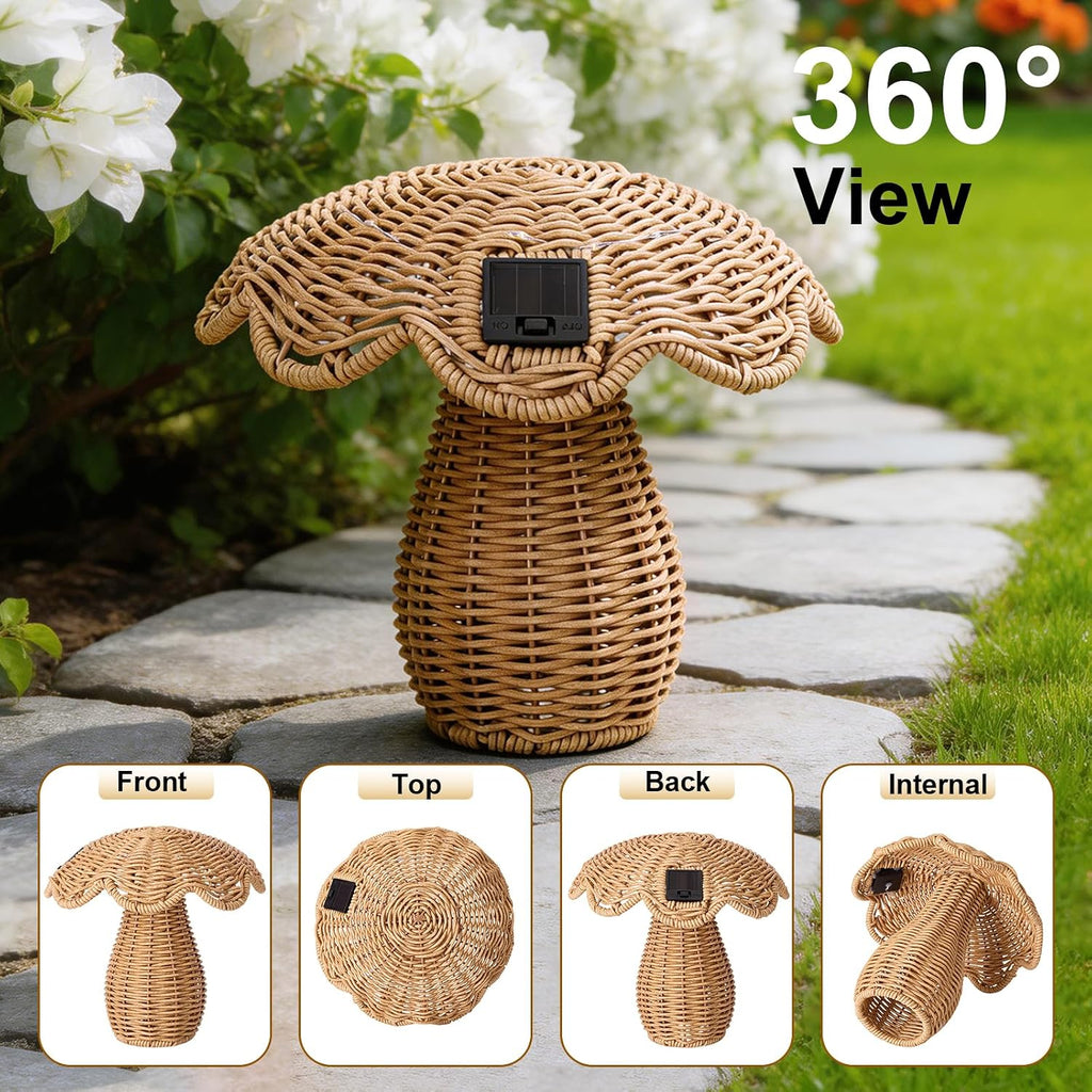 2 Pack Solar Mushroom Rattan Lanterns, 9’’ Handmade Wicker Lamp Mushroom Lights for Indoor Outdoor, Solar Outdoor Lamp Solar Lanterns for Table Deck Yard Patio Walkway Porch, Home Decor, Boho Decor
