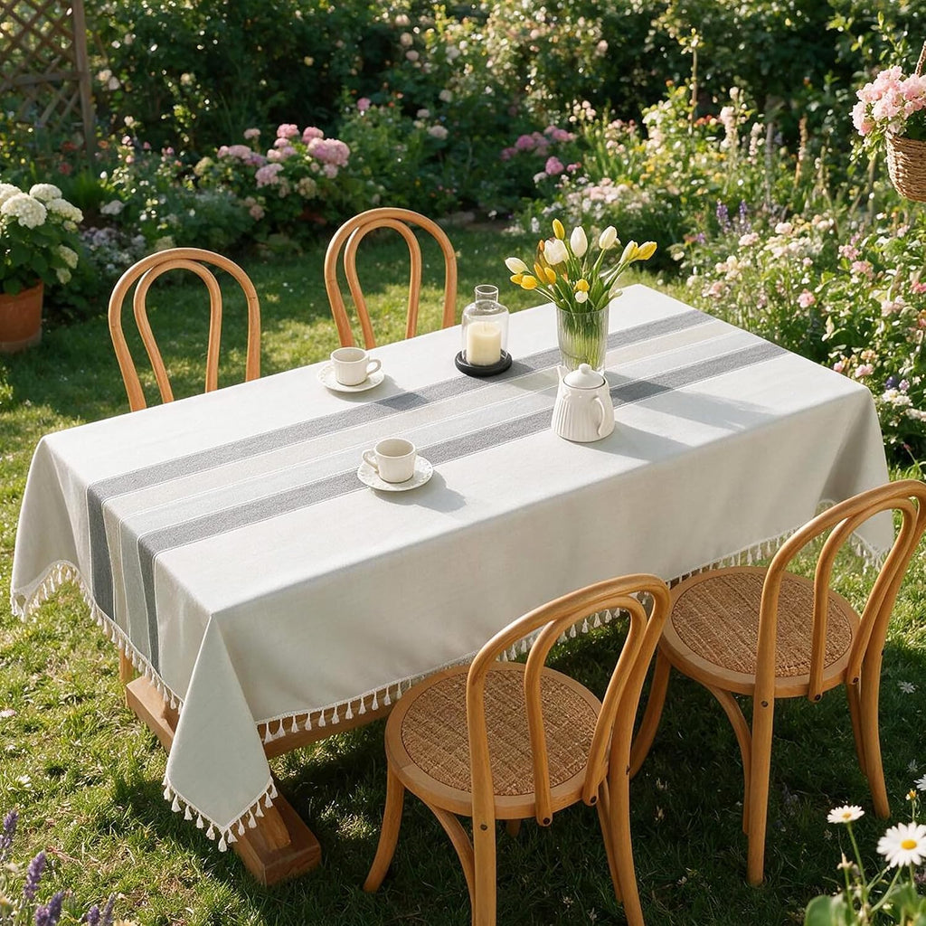 Cotton Linen Tablecloth, Water Resistant Holiday Table Cloth for Rectangle Table with Tassel, Washable Heavy Duty Wrinkle Free Table Cover for Dining Picnic, 90 X 55 Inch