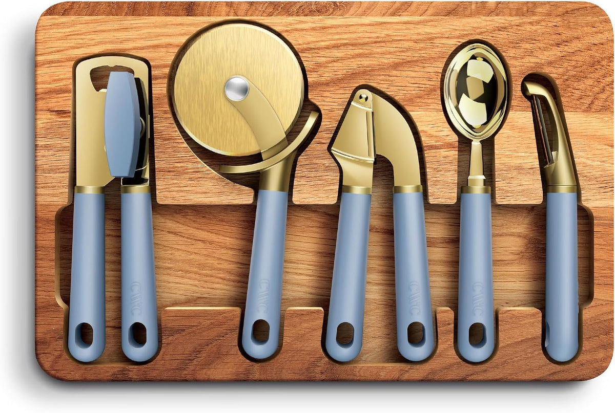 COOK WITH COLOR 6-Piece Kitchen Tool Set with Acacia Wood Cutting Board, Can Opener, Pizza Cutter & Prep Essentials, Blue