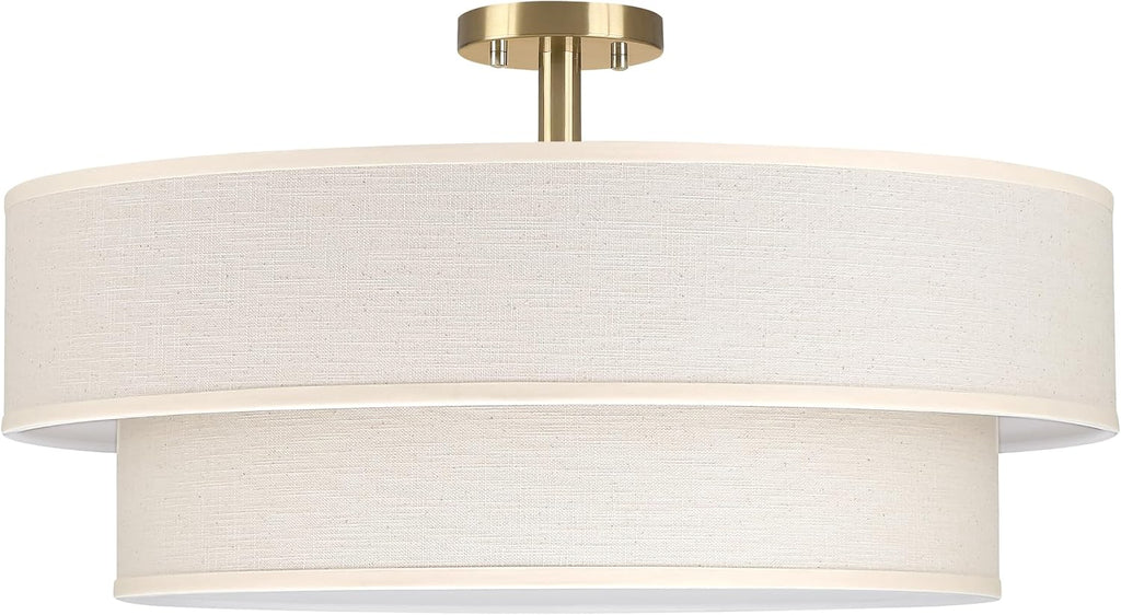 2 Tier 21" Black Semi-Flush Mount Light Cream Fabric Drum Shade