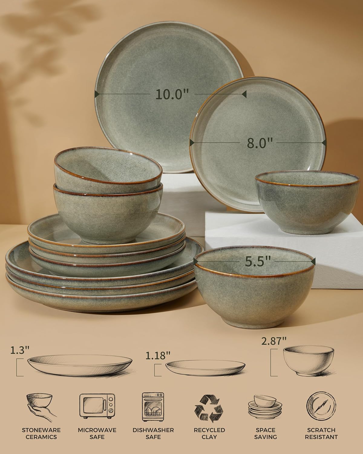 Ceramic Dinnerware Sets for 6, 18pcs Plates and Bowls Sets Dish Set