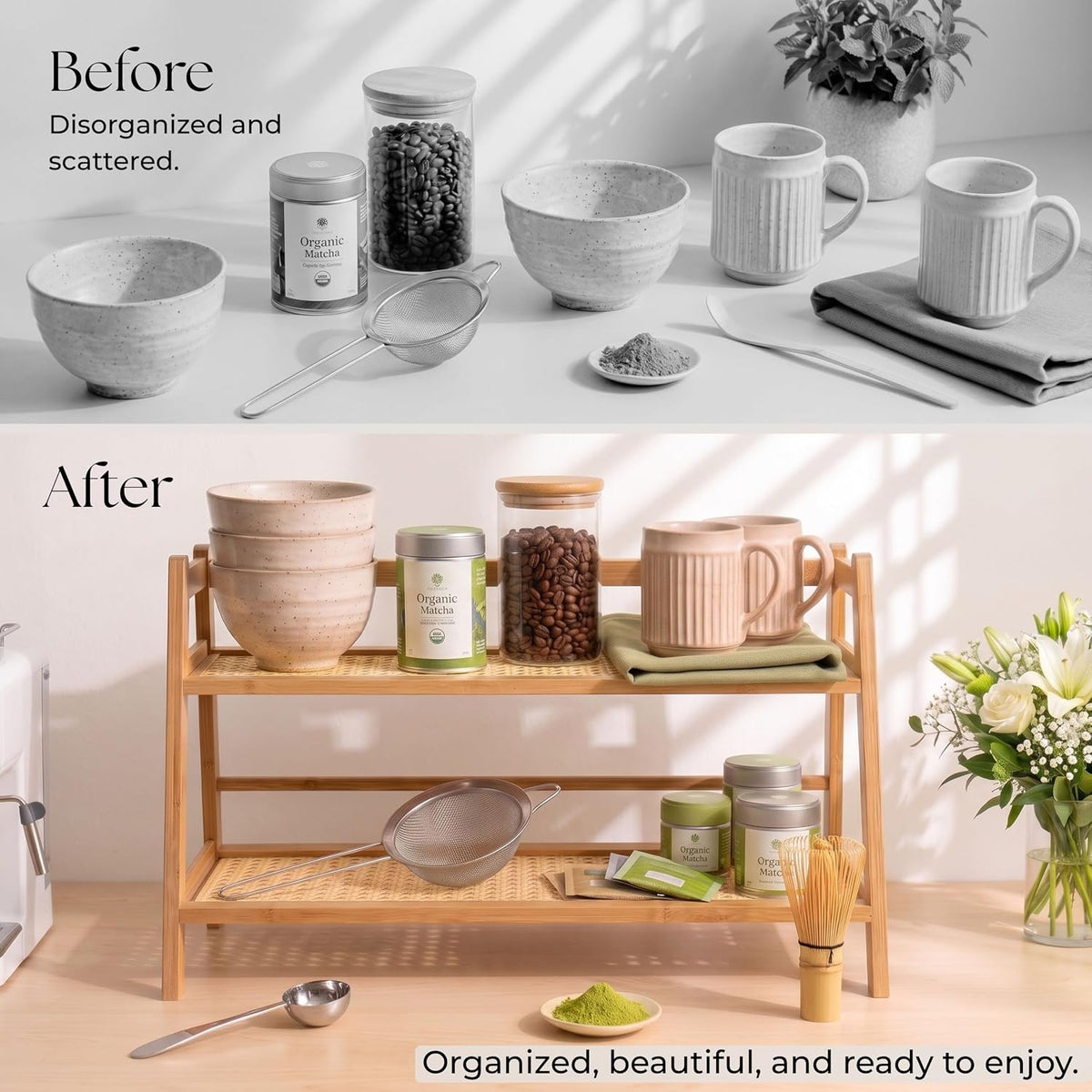 Matcha Station and Coffee Bar Organizer Set, Bamboo Countertop Shelf for Tea, Cups and Accessories, Includes Whisk, Steel Spoon and Fine Mesh Strainer