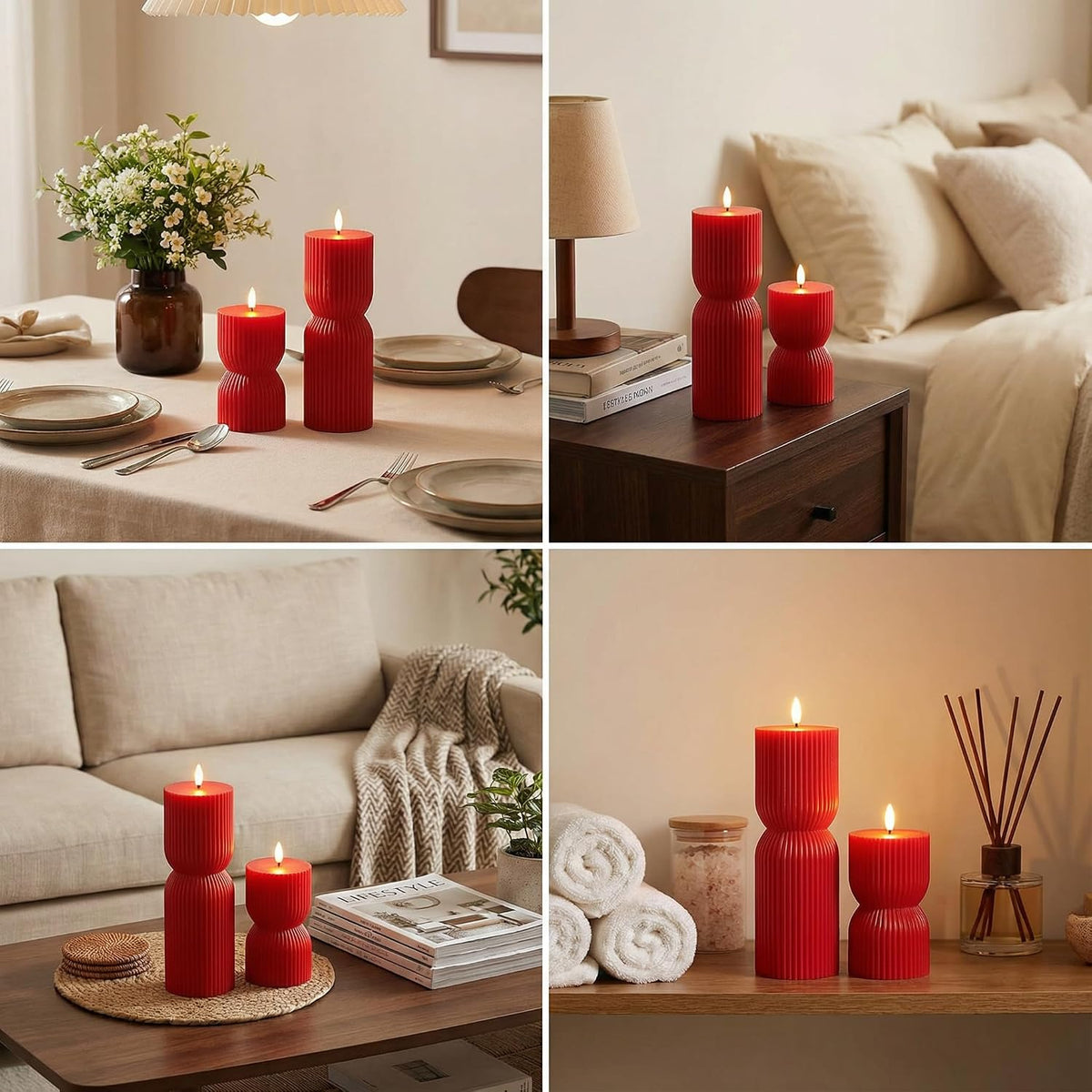 Red Christmas Ribbed Flameless Pillar Candles with Remote Set of 2