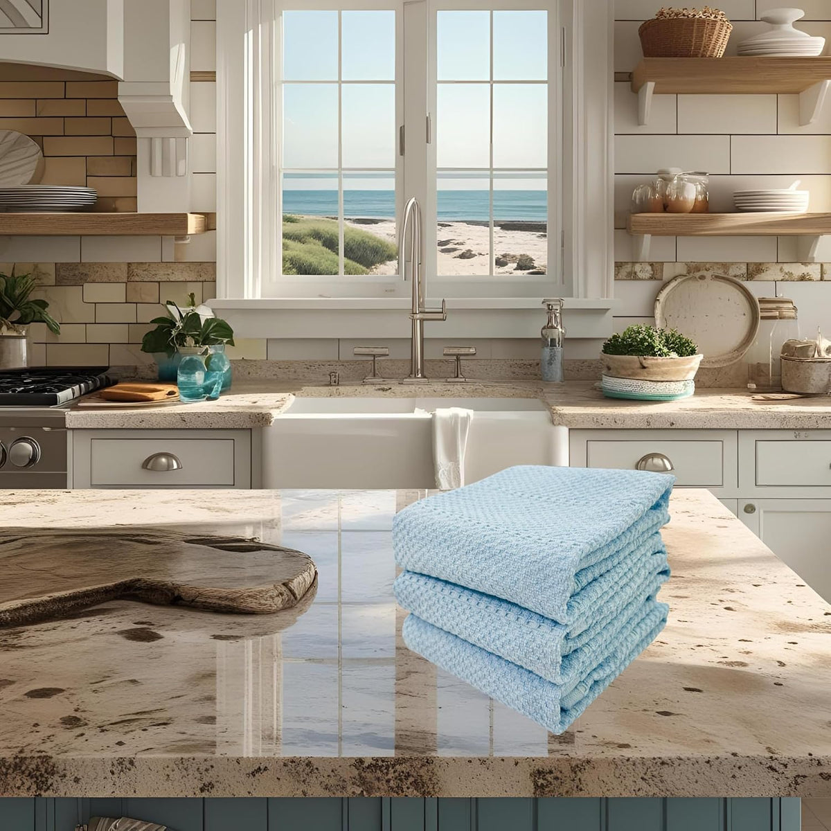 Light Baby Blue Kitchen Hand Dish Towels, Set of 3, 100% Cotton, 18" x 28"