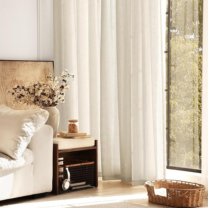 Faux Linen Beige Curtains 132 inches Long - Image 6