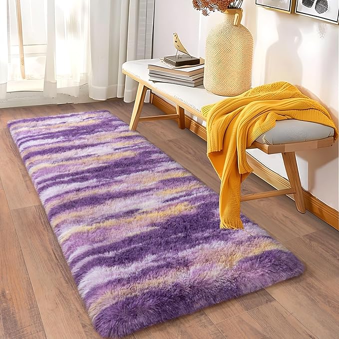 Soft Runner Rugs for Bedroom Hallways, 2x5 Abstract Purple Fluffy Shag Throw - Image 3