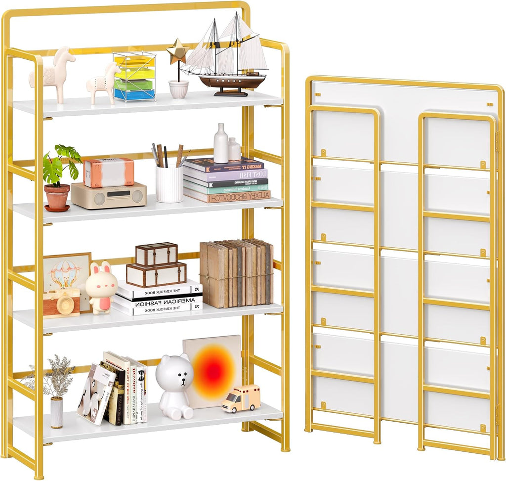 4NM No Assembly Extra Wide 4 Tier Folding Bookshelf Storage Shelves Vintage Bookcase Standing Racks for Bedroom Living Room Home Office