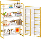 4NM No Assembly Extra Wide 4 Tier Folding Bookshelf Storage Shelves Vintage Bookcase Standing Racks for Bedroom Living Room Home Office
