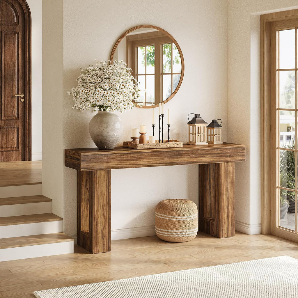 LITTLE TREE 63 Inches Long Sofa Table, Industrial Console Table for Entryway, Wooden Sofa Table for Living Room, Behind Couch Table, Rectangle Hallway Foyer Table for Entrance, Rustic Brown