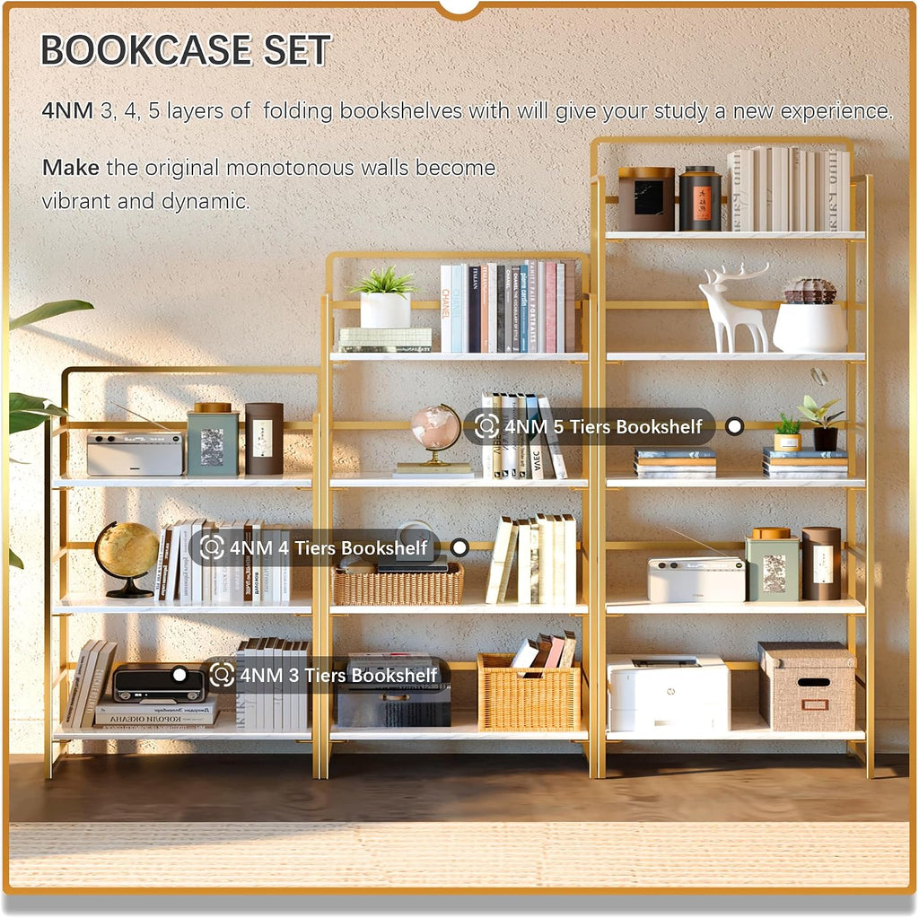 4NM No Assembly 5 Tier Folding Bookshelf Tall Storage Shelves Vintage Bookcase Standing Racks for Bedroom Living Room Home Office