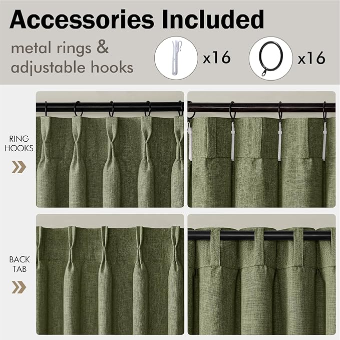 MIULEE Olive Green Pinch Pleated Thick Linen Curtains 108 Inches Long 2 Panels - Image 8