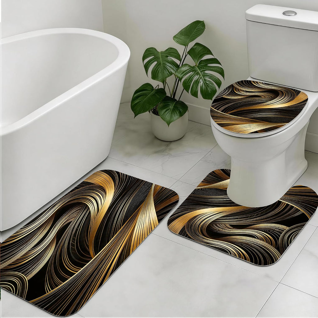 4pcs Shower Curtain Set Black Golden Strip Bathroom Decor with Rug