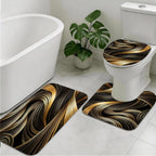4pcs Shower Curtain Set Black Golden Strip Bathroom Decor with Rug