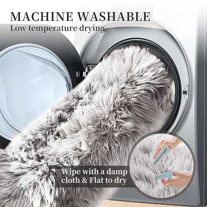 ORINOVA Light Silver Gray Faux Washable Shaggy Fur Rugs - Image 6