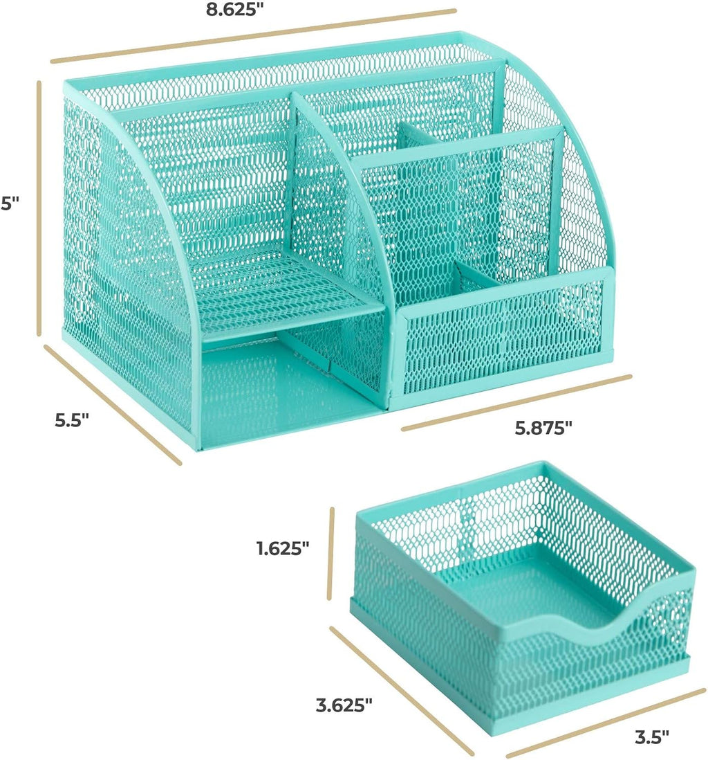 BLU MONACO Aqua Desk Organizer | Metal Turquoise Stationery Holder With Drawer and Compartments | Desktop Storage for School, Bedroom, Locker and Home | 5.5”D x 8.6”W x 5”H Accessory Caddy