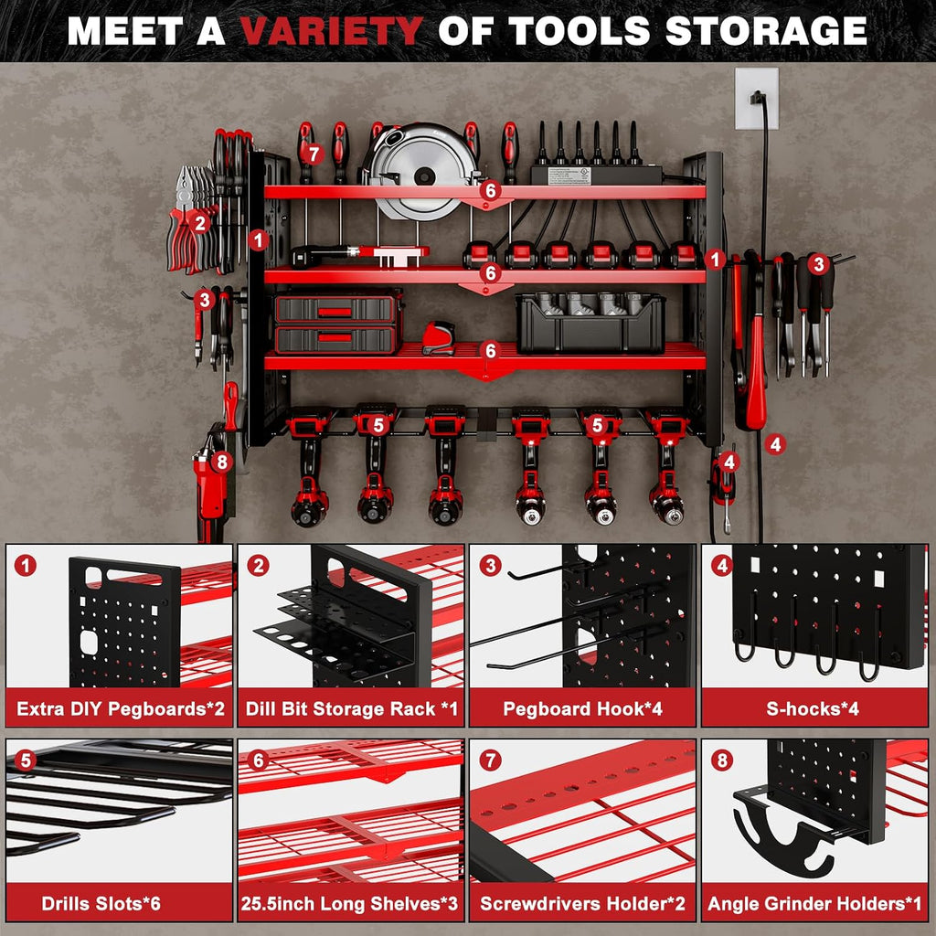 Cordless Power Tool Organizer Wall Mount, 6 Drill Holders, Red