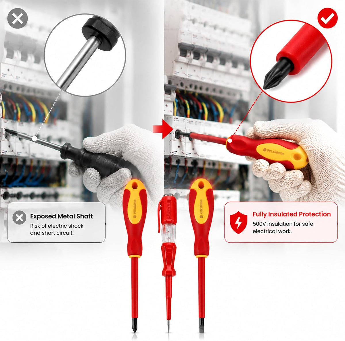 Insulated Screwdriver Set, Electrician Screwdriver Set with Voltage Tester Pen, Forged Chrome Vanadium Steel Electrical Screwdriver for Breaker Panel, Outlet, Switch & Home Electrical Repair（3pcs）