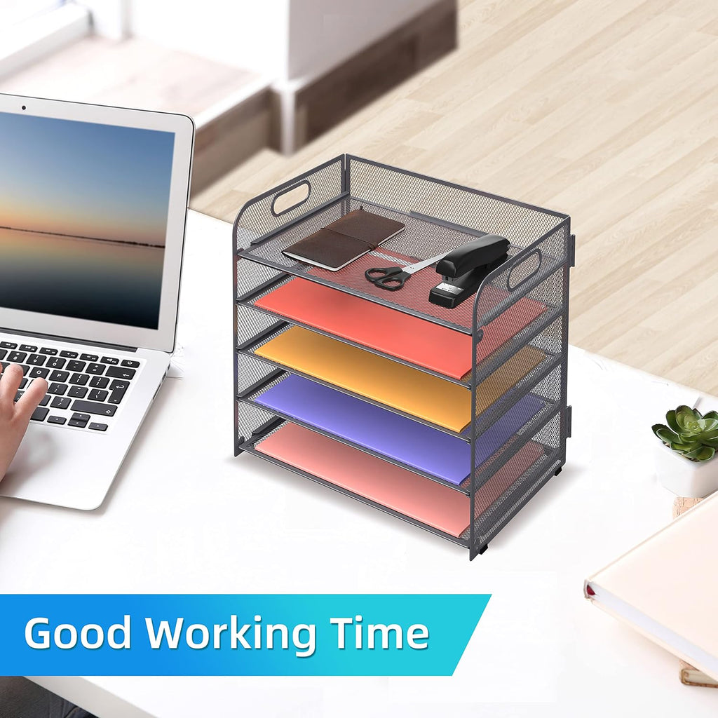 5 Trays Paper Organizer Letter Tray with Handle-Mesh Desk File Organizer, Grey Paper Sorter Desk Organizer for Office, Home or School