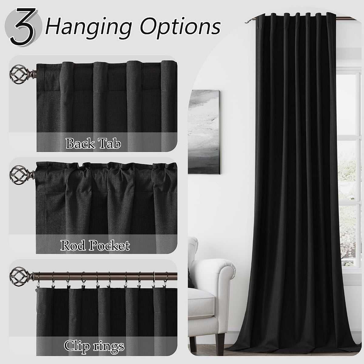 Guken Extra Long 100% Blackout Black Linen Curtains 102 Inches for Bedroom