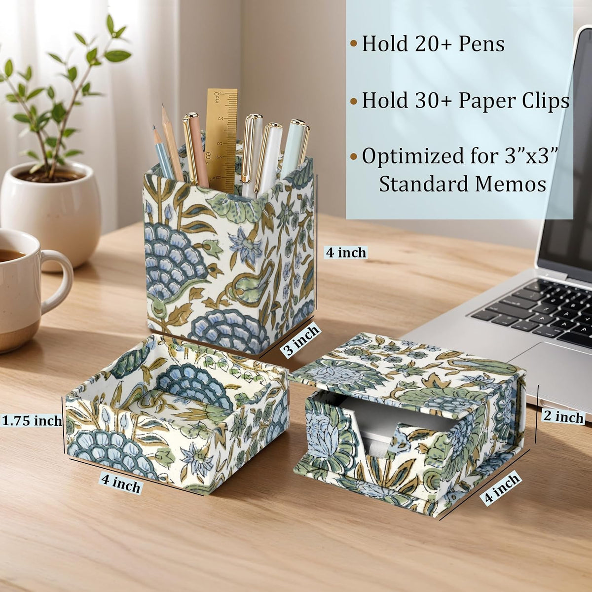 Ridhi Asparagus Green Block Print Desk Organizer Pen & Notepad Holder Set-3
