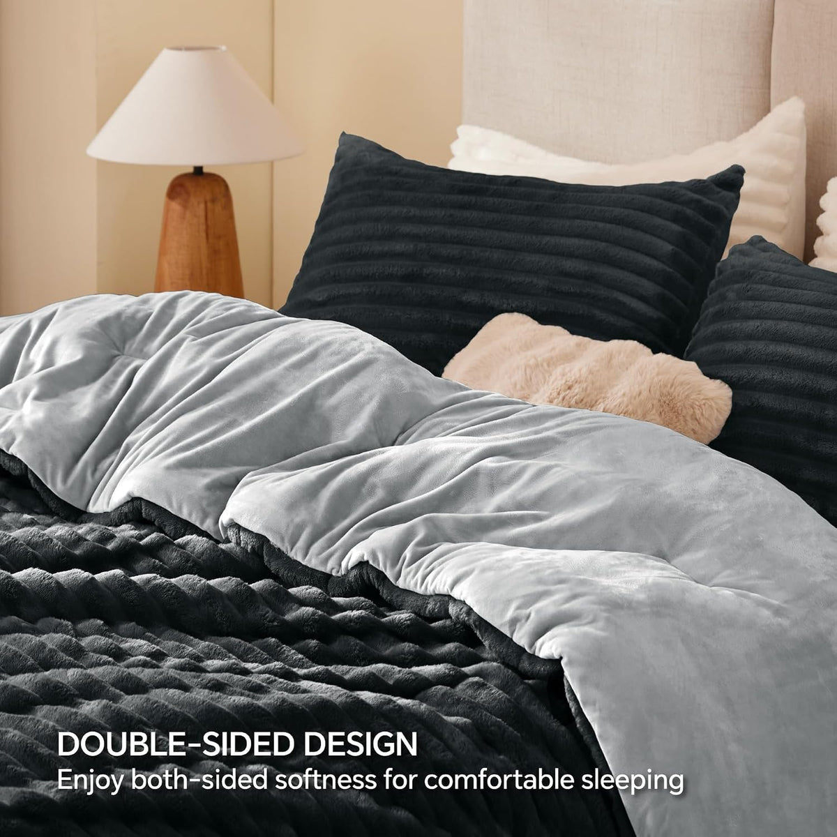BEDELITE Fleece Queen Comforter Set, Fluffy Bed Set, Black