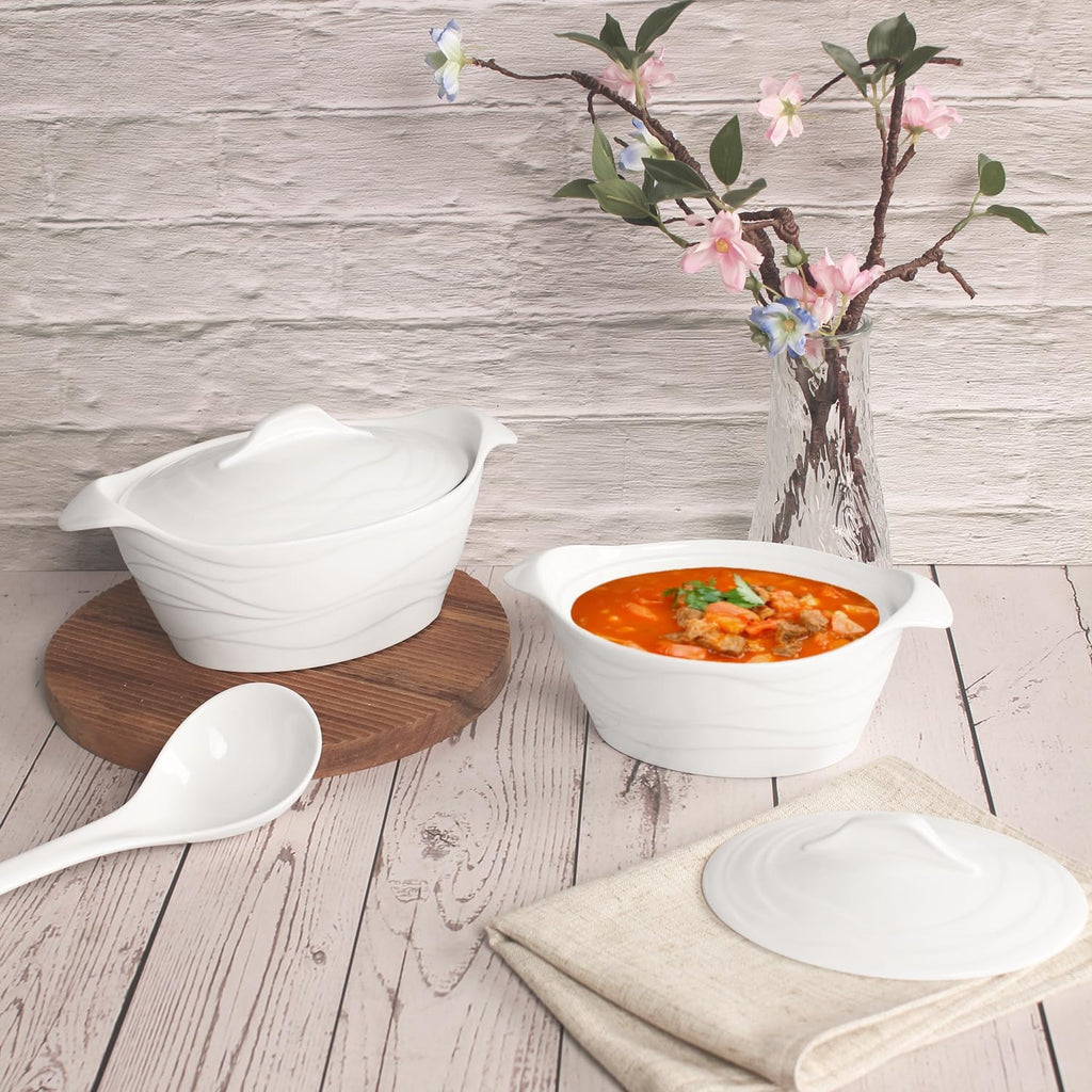 Casserole Dish 1.4 Quart French White Ceramic Bakeware Set with Lids, Chip and Crack Resistant Stoneware Baking Dish, Microwave, Dishwasher, Oven, Freezer and Fridge Safe (11.7 INCH Oval)