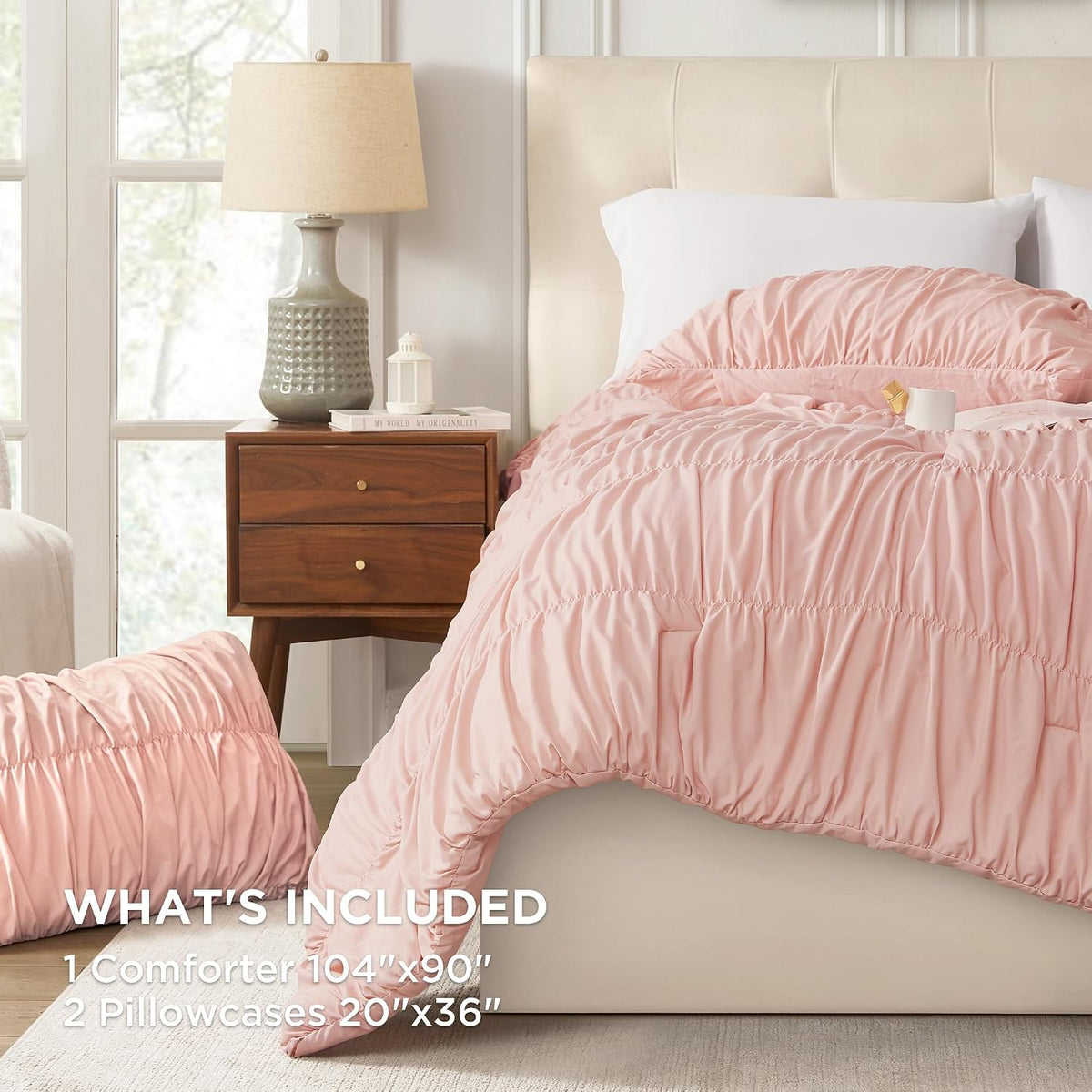 Andency Ruched Blush Pink King Comforter Set, Boho Ruffle Bedding 3 Pieces