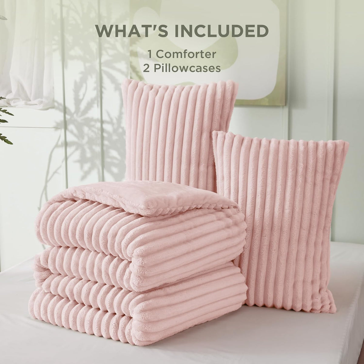 Bedsure Large Queen Fluffy Comforter Set, Cozy Fleece Pink Bedding